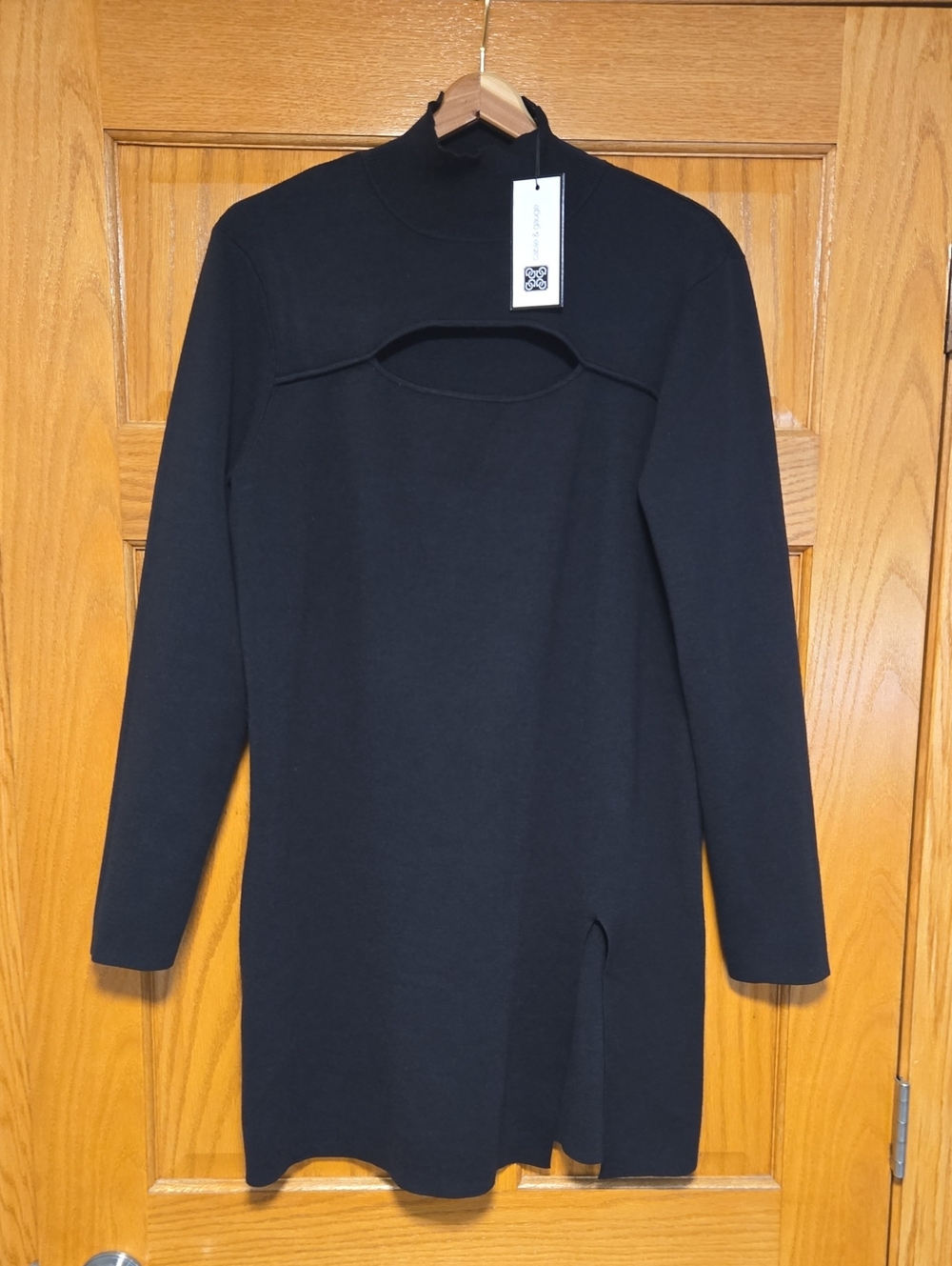 Cable & Gauge Black Long Sleeve Mock Neck Dress with Front Cutout